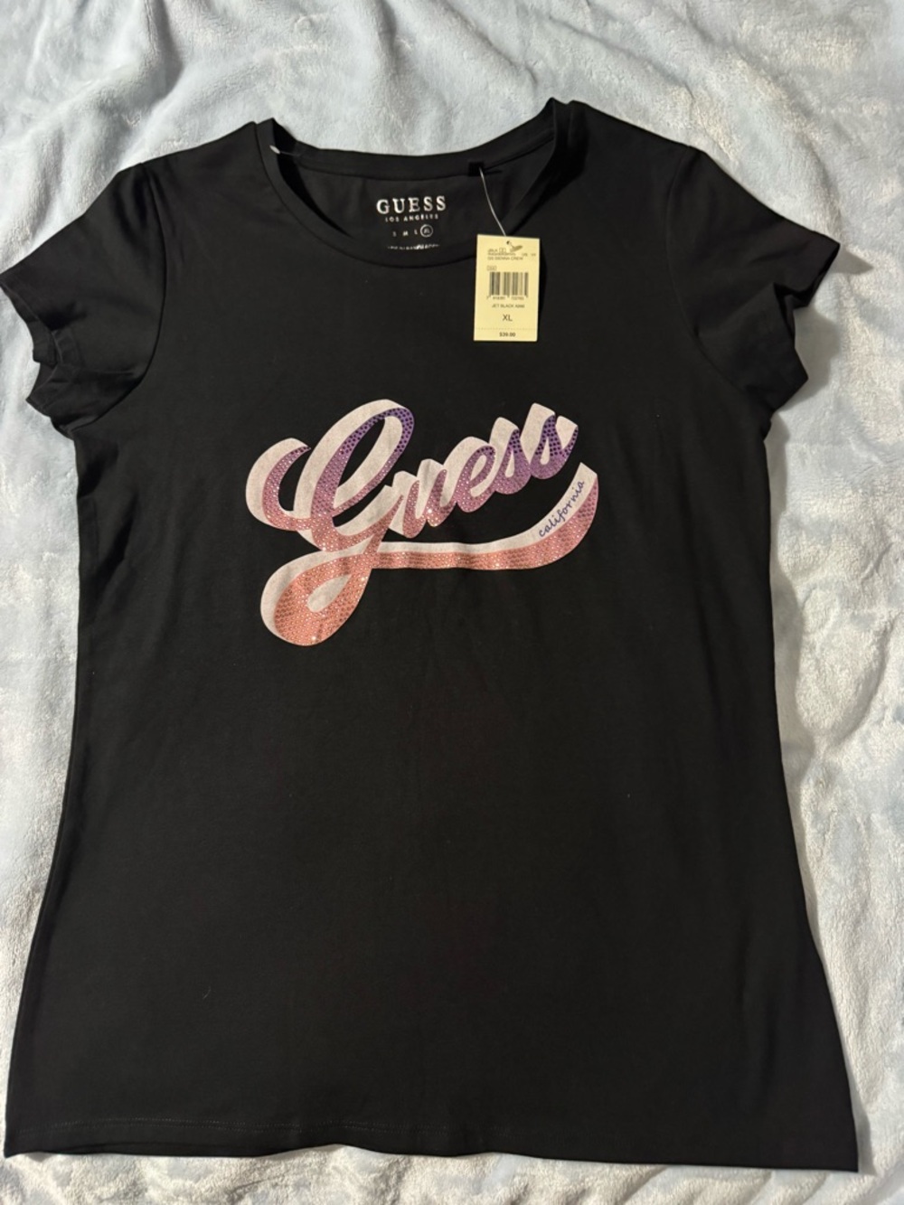 Guess Black Short-Sleeve Tee with Pink-Purple Script Logo